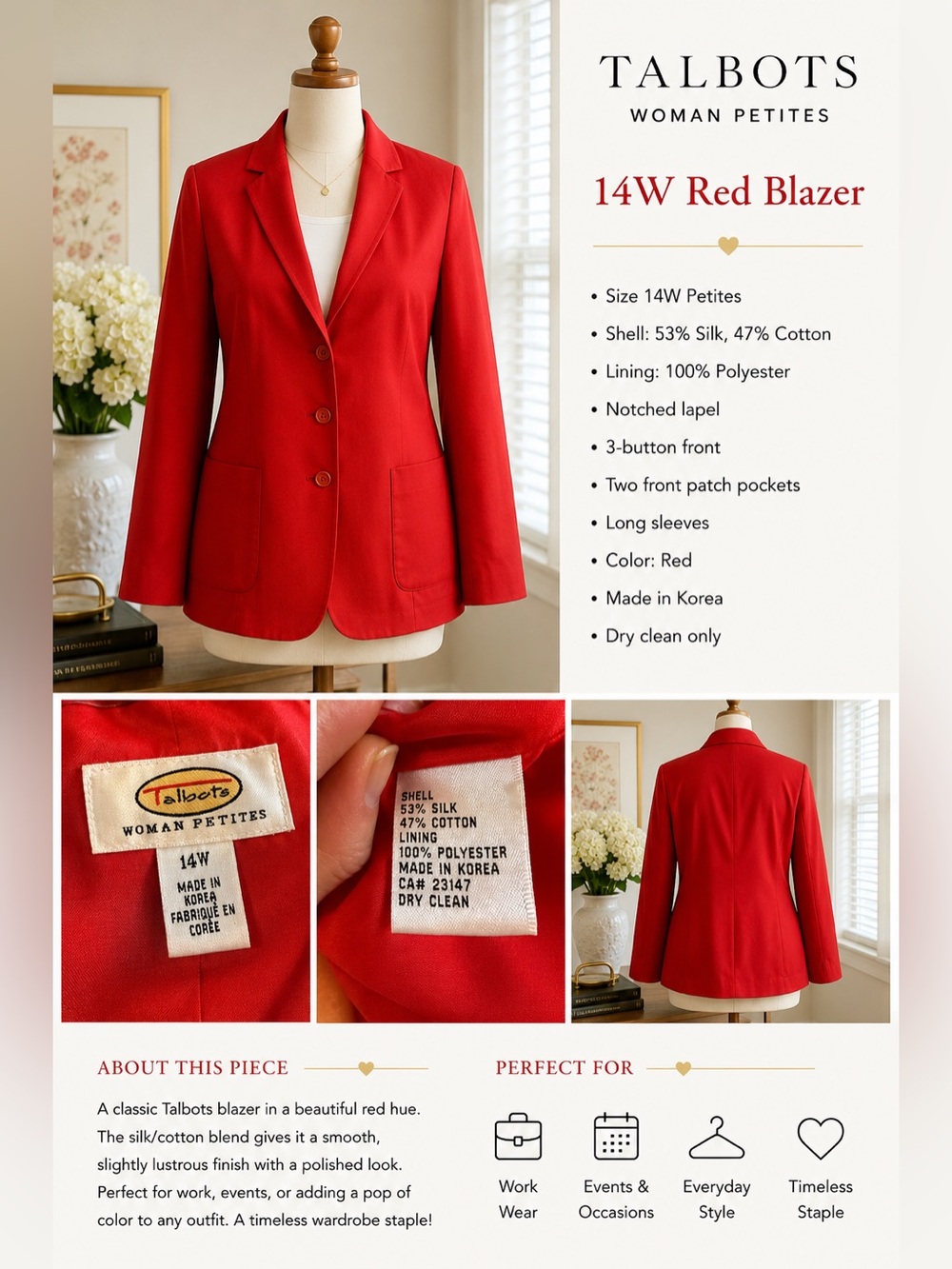 Talbots Red Single-Breasted Women's Blazer